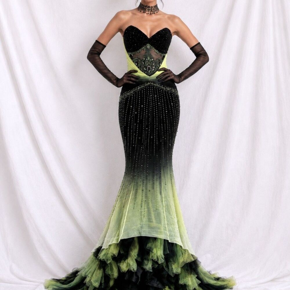 Vintage Black Green Strapless Silk Beaded Tulle Bodycon Maxi Prom Dress Size XS